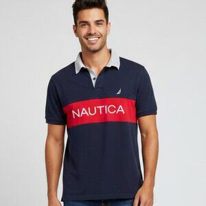 Nautica Navy Blue Polo Shirt 3XL Red Stripe Classic Casual Sport Golf Y2K